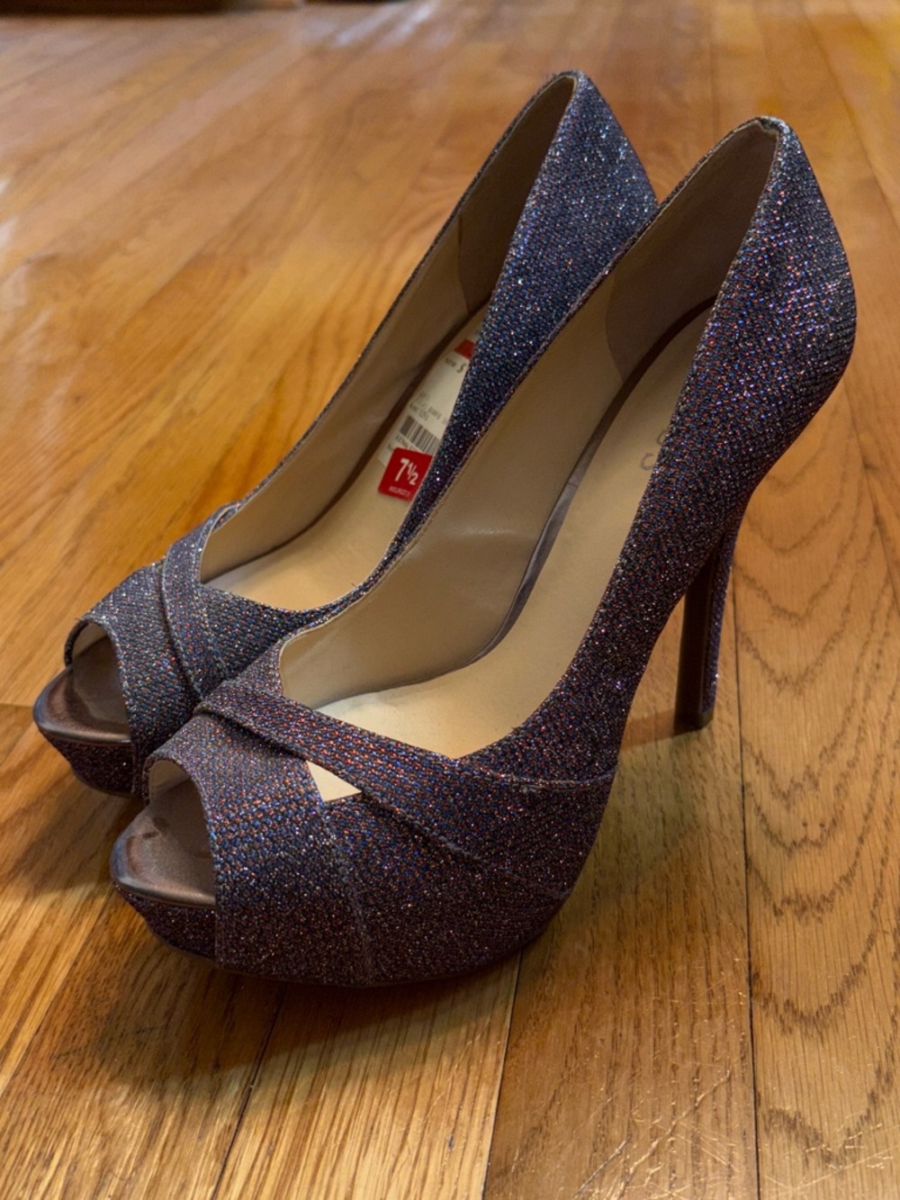 Guess Purple Sparkly Glitter Peep-Toe High Heels, Size 7.5 Women’s NWT